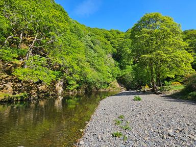 A river with a rocky shore and trees on both sides under a clear blue sky at Apartment 1 in Keswick