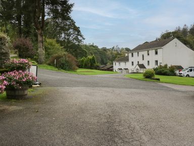 A driveway with flower planters trees and a white multi-story building with cars parked at Apartment 2 in Keswick