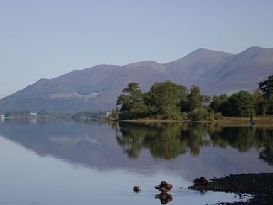 A lake with ducks in the foreground and trees with mountains in the background at Apartment 2 in Keswick
