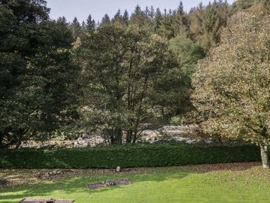 An outdoor area with green grass trees and a hedge near a river at Apartment 4 in Keswick