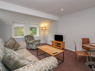 A living room with a patterned sofa an armchair a wooden coffee table a TV on a wooden stand and a round dining table with chairs at Apartment 6 in Keswick