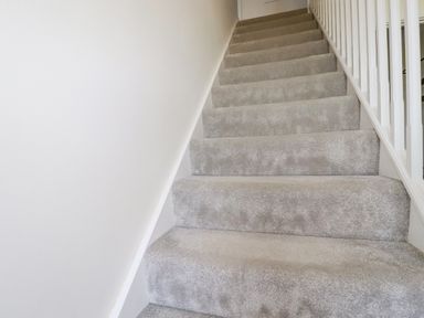 A carpeted staircase with a white wall and white banister at Cobalt in St Eval near Mawgan Porth