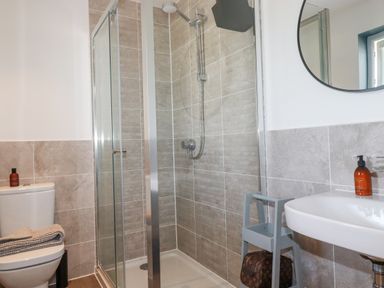 A bathroom with a glass shower enclosure a toilet a sink and a mirror at Cobalt in St Eval near Mawgan Porth