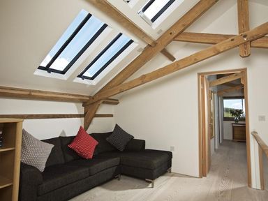 A seating area with a dark sofa and skylights in a room with exposed wooden beams at The Milking Shed in Bantham