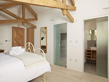A bedroom with a metal bed frame folded towels on bed mirror wooden door and two frosted glass doors at The Milking Shed in Bantham