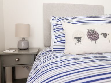 A bed with blue and white striped bedding a pillow with sheep designs and a bedside table with a grey lamp and a book at Sea Breeze in Porthmadog
