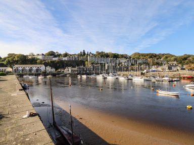A harbor with boats docked near residential buildings and trees in the background at Sea Breeze in Porthmadog