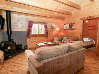 A living room with couches a wood burning stove and a doorway leading to a bedroom at Ballinorig Lodge in Cleator Moor