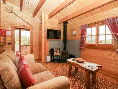 A living room with a sofa red pillows wood burning stove wooden coffee table and television at Ballinorig Lodge in Cleator Moor