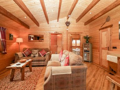 A wooden living room with two sofas a coffee table a floor lamp and a cabinet with flowers at Ballinorig Lodge in Cleator Moor