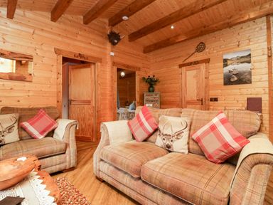 A living room with two sofas with cushions and wooden walls and doors at Ballinorig Lodge in Cleator Moor