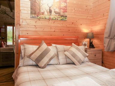 A bedroom with a wooden bed frame pillows a bedside table with a lamp and a clock and a picture of deer on the wall at Ballinorig Lodge in Cleator Moor