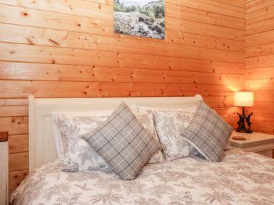 A bedroom with a bed with patterned pillows and bedding wood paneled walls and a bedside table with a lamp at Ballinorig Lodge in Cleator Moor