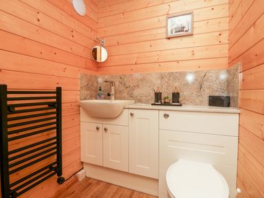 A bathroom with a sink, toilet, black towel rack, wood panel walls, and toiletries at Ballinorig Lodge in Cleator Moor