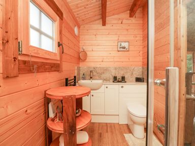 A wooden bathroom with a sink toilet shelving unit and window at Ballinorig Lodge in Cleator Moor