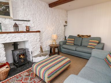A living room with a fireplace two sofas colorful cushions and a patterned ottoman at Ty Len in St Davids
