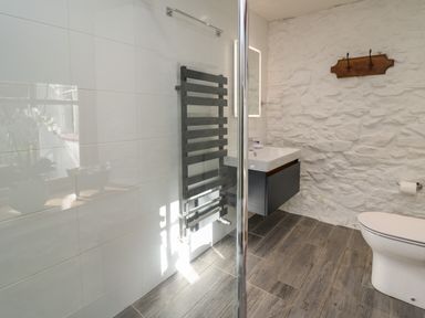 A bathroom with a modern sink cabinet toilet towel rack and stone textured wall at Ty Len in St Davids