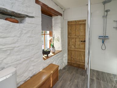 A bathroom with a wooden door and window a shower area and white textured walls at Ty Len in St Davids