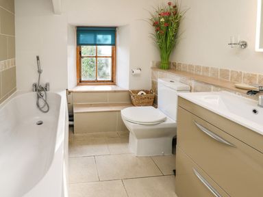 A bathroom with a bathtub toilet sink cabinet window with blue blind and tall flower arrangement at Ty Len in St Davids
