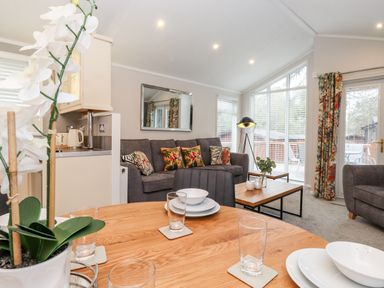 A living room with a gray sofa and tropical print pillows a wooden coffee table a wooden dining table with dishes and glasses and a floor lamp at Squirrels Nook Waterside Wood 19 White Cross Bay near Windermere
