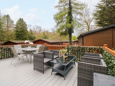 An outdoor deck with patio chairs a glass table and a dining table surrounded by trees at Squirrels Nook Waterside Wood 19 White Cross Bay near Windermere