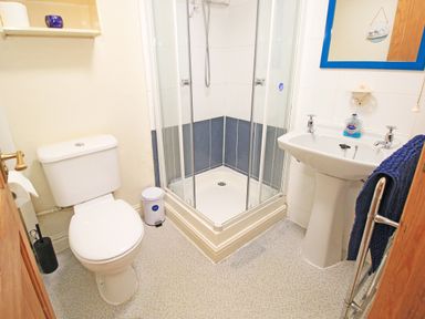A bathroom with a toilet shower enclosure and sink at Hafan Cottage in Beddgelert