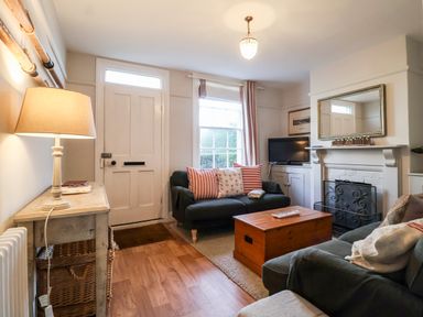 A living room with two sofas a wooden chest a fireplace and a lamp on a table at 3 Albion Cottages Walberswick