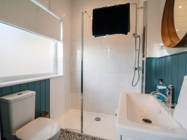 A bathroom with a toilet sink and glass-enclosed shower at 3 Albion Cottages in Walberswick
