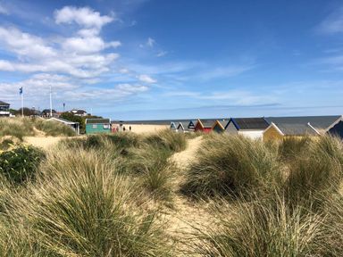 A sandy beach with beach huts behind grass dunes and the sea in the background at 3 Albion Cottages in Walberswick