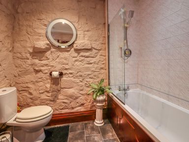 A bathroom with a toilet a potted plant and a bathtub with a shower at The Barn in Middleton near Ponteland
