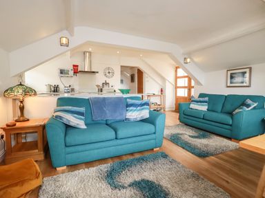 A living room with two teal sofas and patterned rugs at Harbour Light in Boscastle