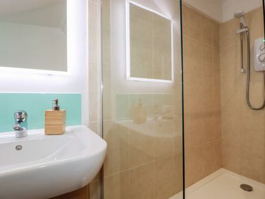 A bathroom with a sink and soap dispenser next to a tiled shower area with a glass partition at Harbour Light in Boscastle