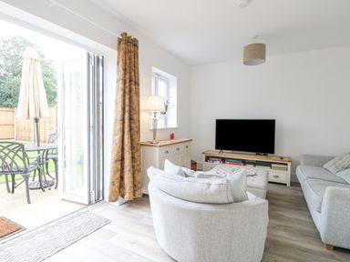 A living room with gray sofas a television on a stand and glass doors leading to a garden at The Hollies in Norwich