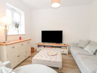 A living room with a large television on a wooden stand a beige ottoman in front of a sofa and a sideboard with a lamp and vase by a window at The Hollies in Norwich
