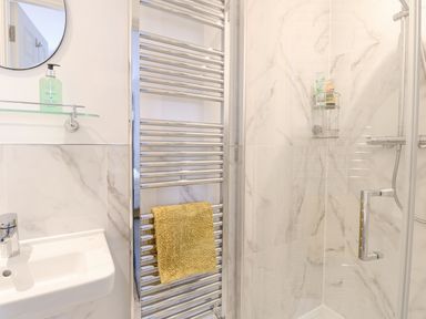 A bathroom with a white sink and faucet a wall mirror a chrome towel radiator with a yellow towel and a shower with glass door at The Hollies in Norwich