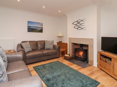 A living room with two leather sofas a fireplace with fire a wooden TV stand and a blue rug at Maywood in Seahouses