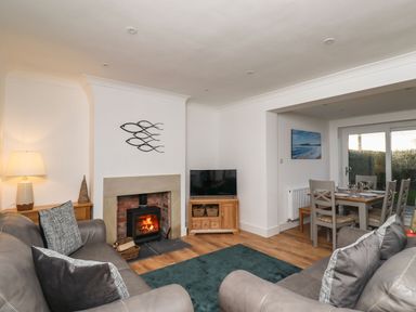 A living room with two sofas a fireplace and a TV next to a dining table with chairs at Maywood in Seahouses