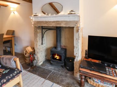 A fireplace with a wood-burning stove and fire in a living room at Lythe Cottage in Lythe