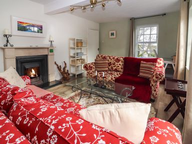 A living room with red patterned sofas a glass coffee table a fireplace and a shelving unit at Kyleatunna Cottage in Ennis County Clare