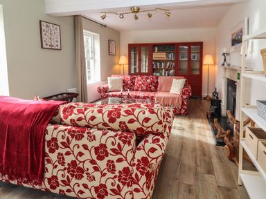 A living room with two patterned sofas a wooden bookshelf and a fireplace at Kyleatunna Cottage in Ennis County Clare