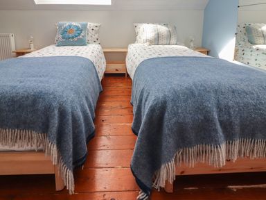 A bedroom with two single beds with blue blankets and patterned pillows wooden floor at Kyleatunna Cottage in Ennis County Clare