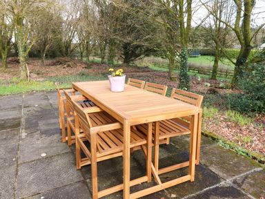 An outdoor wooden dining table with six chairs and a pink flower pot on the table on a stone patio surrounded by leafless trees and shrubs at Kyleatunna Cottage in Ennis County Clare