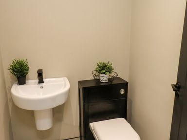 A small bathroom with a wall-mounted sink and a toilet cabinet with plants on top at Apt 3 @ Hunter's Quay in Bridlington