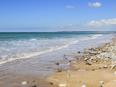 A beach with sand and scattered rocks beside the sea and a clear sky at 5 The Crescent in Caernarfon