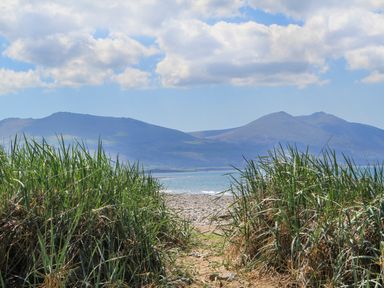 A sandy pathway through grass leading to a rocky beach with mountains and clouds in the background at 5 The Crescent in Caernarfon