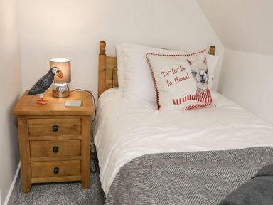 A bedroom with a wooden bedside table lamp and a bird figurine next to a bed with white linens and a pillow with a llama print at 5 The Crescent in Caernarfon