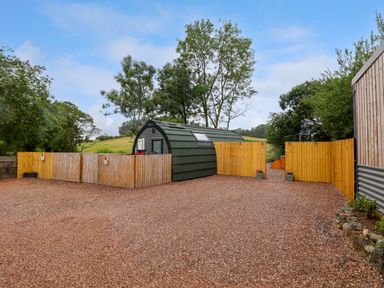 A green pod cabin with a fenced area and gravel ground outside at Heron Pod Nantmawr near Trefonen