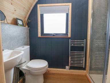 A bathroom with a toilet sink window towel rack and shower at Heron Pod in Nantmawr near Trefonen