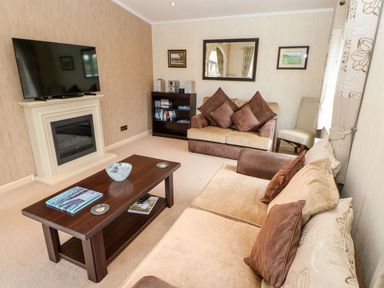 A living room with two sofas cushions a coffee table a television on a fireplace a bookshelf and framed pictures at The Fairhaven in Tunstall near Catterick North Yorkshire