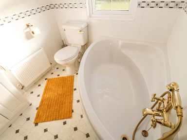 A bathroom with a toilet a bathtub with gold fixtures a radiator and an orange rug on the floor at The Fairhaven in Tunstall near Catterick North Yorkshire